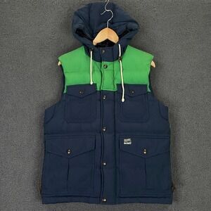 Vintage Rugby Ralph Lauren Down Vest Men Small Blue Puffer Flannel‎ Lined Hooded